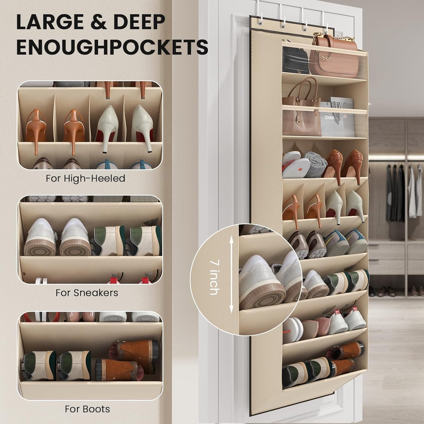 Over the Door Shoe Organizer for Closet, Shoes Rack with 8 Tier Large Deep Pockets, Hanging Shoe Organizers for Boot Storage, Behind the Door Narrow Shoe Holder for Small Shoes, Beige