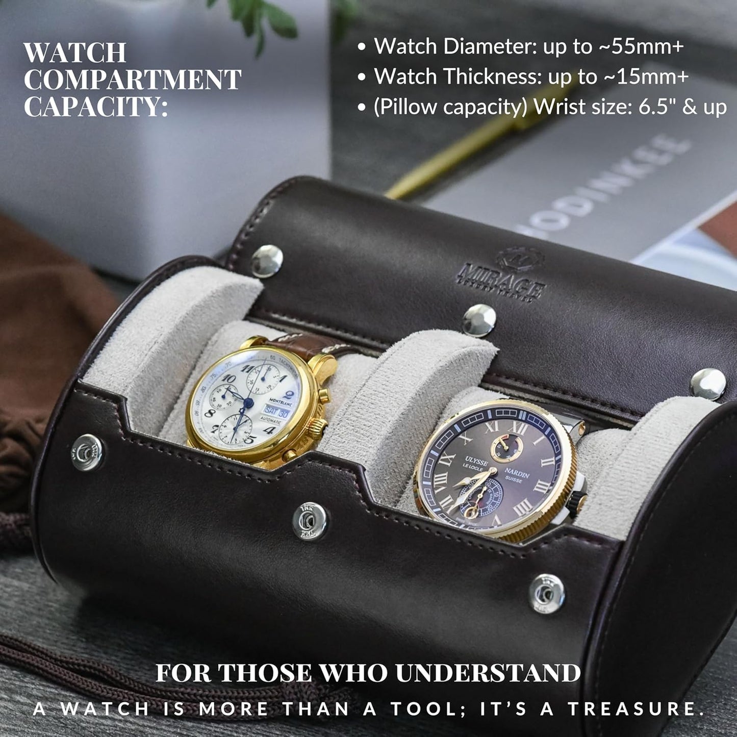 2 Watch Travel Case for Men - Mirage Watch Roll Gift Accessory - Espresso/Ivory Vegan Leather