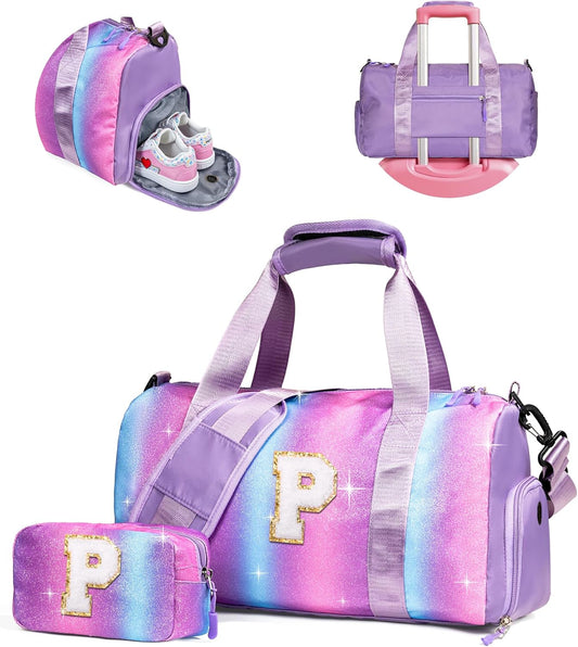Girls Trip Gifts for Kids-Girl Gym Bag with Shoe Compartment, Kid Personalized Weekender Overnight Bags, Initial Travel Tote with Makeup Pouch, Valentines Day Gift (Letter P)