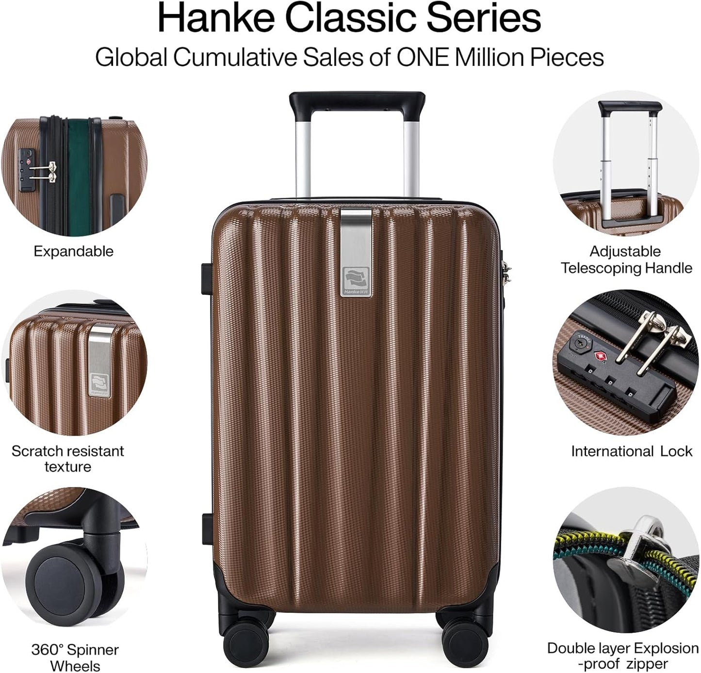 Hanke 24 Inch Expandable Checked Luggage Lightweight PC Hard Case Luggage Suitcases with Wheels TSA Luggage Rolling Large Suitcase Travel Luggage Bag for Go to University(Brown)