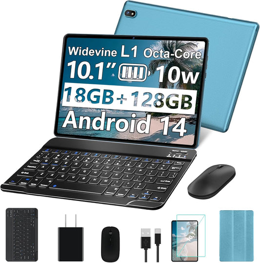 2025 Android Tablet 10.1 Inch Android 14 Tablets with 128GB ROM+18GB RAM (4+14 Virtual), 1TB Expand 2 in 1 10.1 Tablet with Keyboard, Powerful Octa-Core, WiFi 6, Blue