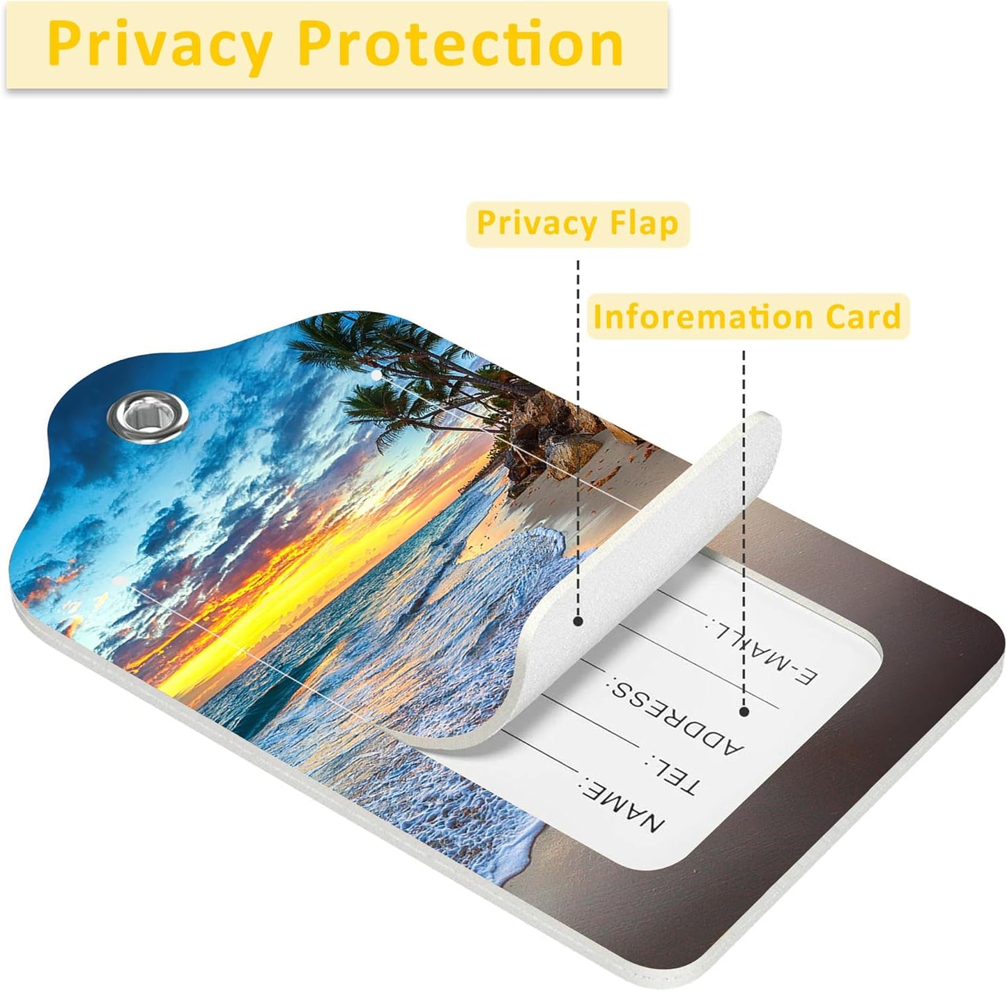 2 Pack Sunrise Over The Beach Luggage Tag for Suitcases Beach with Palm Trees PU Leather Bag Travel Suitcase ID Identifier Baggage Tags for Women Men Travel