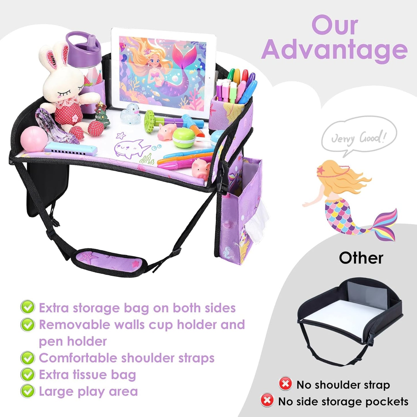 Kids Travel Tray for Airplane - Toddler Car Seat Table Tray, Road Trip Essentials for Boys & Girls, Carseat Lap Desk for Kids Road Trip Activities (Purple Mermaid)
