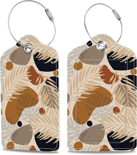 Boho Tropical Leaves Luggage Tags 2PCS PU Leather Suitcases Tag with Stainless Steel Loop and Privacy Name Address Cover Label Card for Women Men Travel