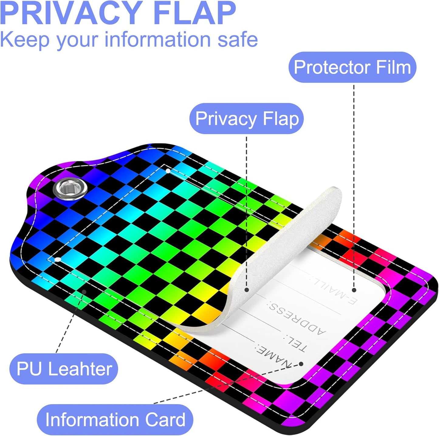 2 Pack Luggage Tags Rainbow Squares and Checkered Flag PU Leather Baggage Tag with Privacy Cover Stainless Steel Loop and Name ID Card for Men Women Travel Bag Luggage Accessories