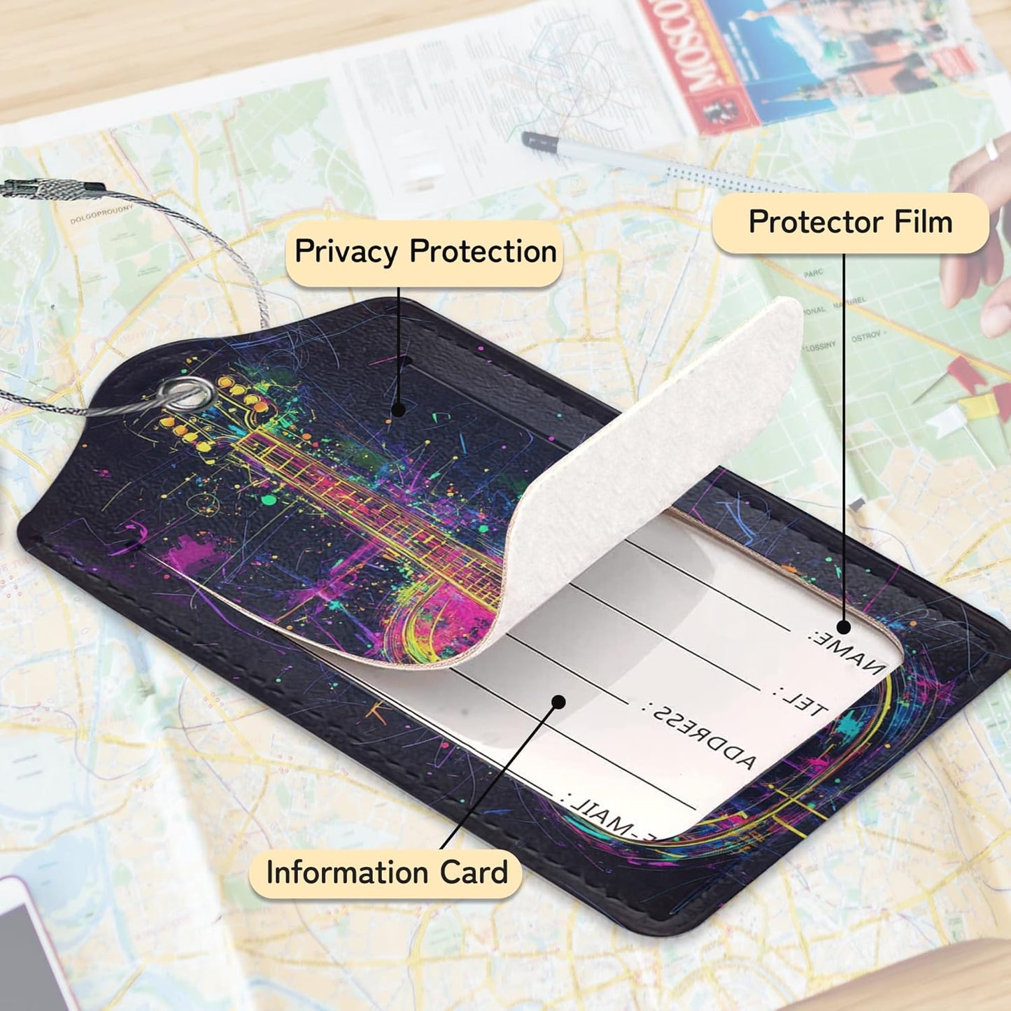 3 Pack Music Luggage Tags for Suitcases, Note Headphones Guitar Cute Leather Name Tag with Privacy Cover with Stainless Steel Loops, Travel ID Bag Tags for Women Men