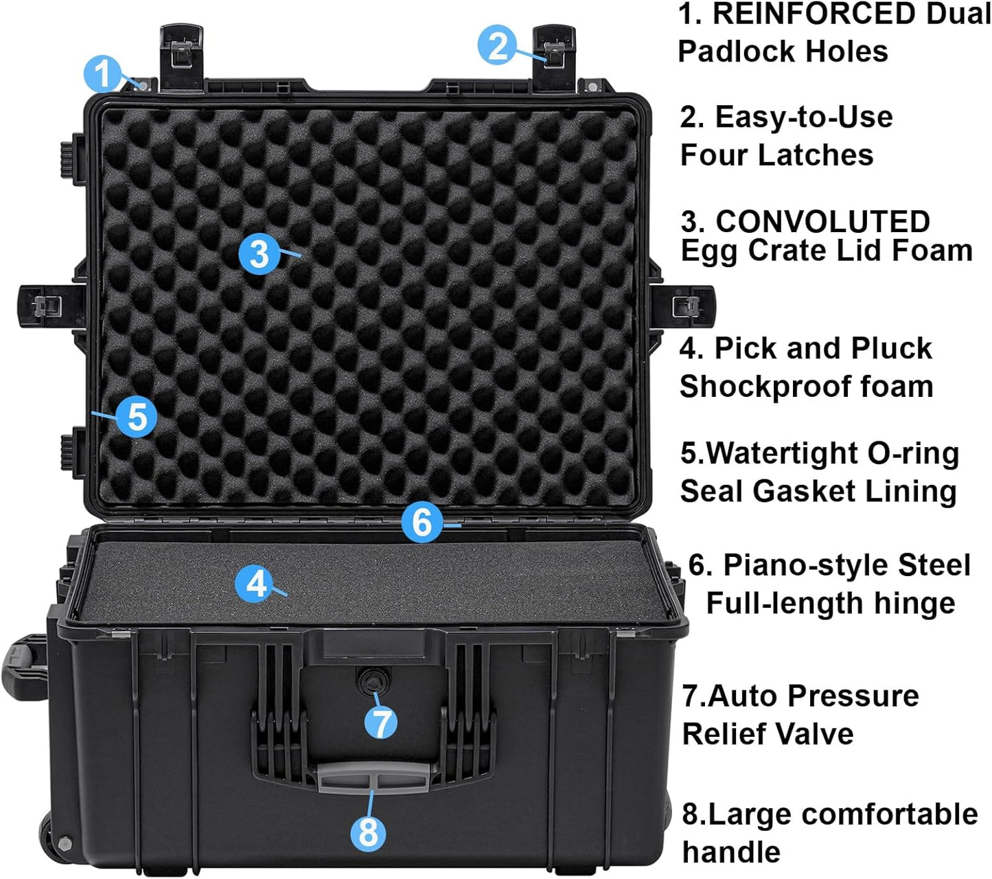 Rolling Hard Case with Foam,26 x 20 x 13 Inch, Equipment Case with Wheels and 4 Handles for camera, Drone,tool, electronics,Shockproof, Waterproof, TSA Friendly, Inner 22.64"X 16.73"X9.84"