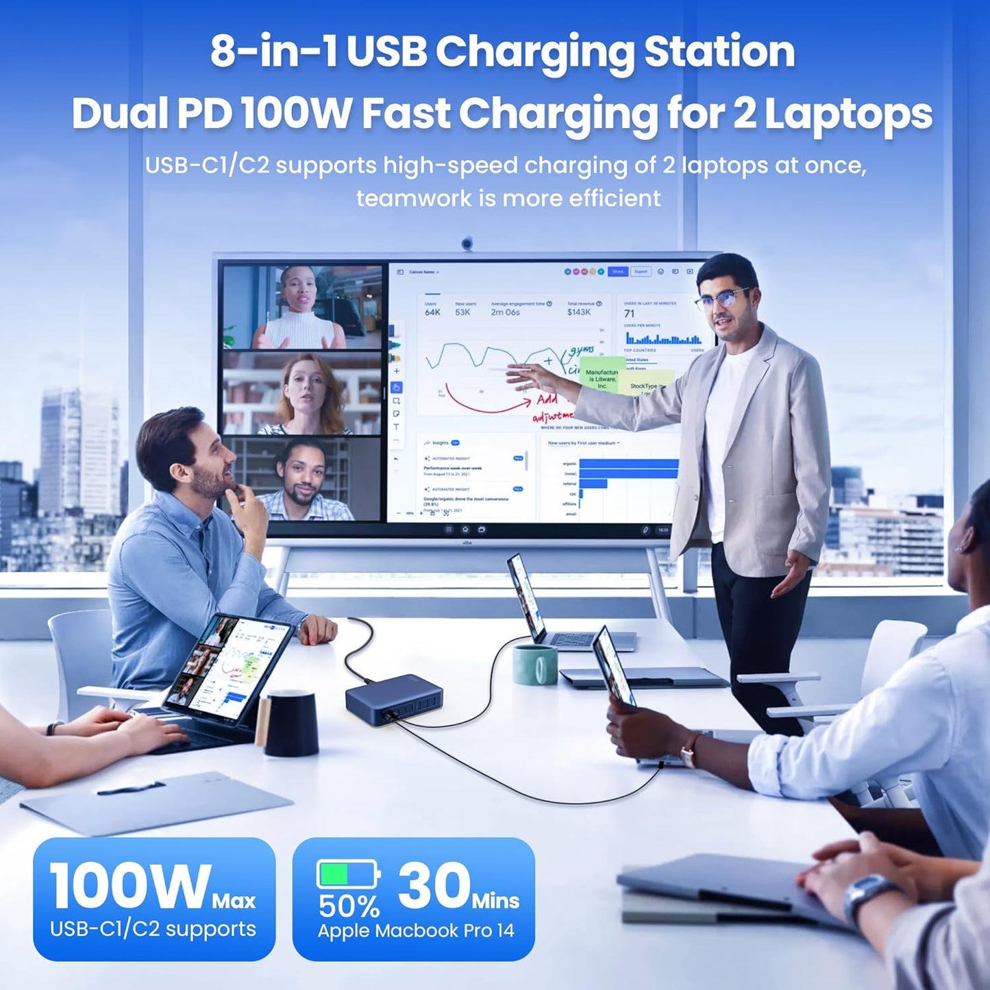 USB C Charger 415W USB C Charger Block, 8-Ports GaN IV Fast Charging Station Hub,Dual PD 100W Laptop Charger Adapter,for MacBook Pro/Air/iPad/iPhone16/15/14/13/Apple Watch/DELL/Samsung for Home(Blue)