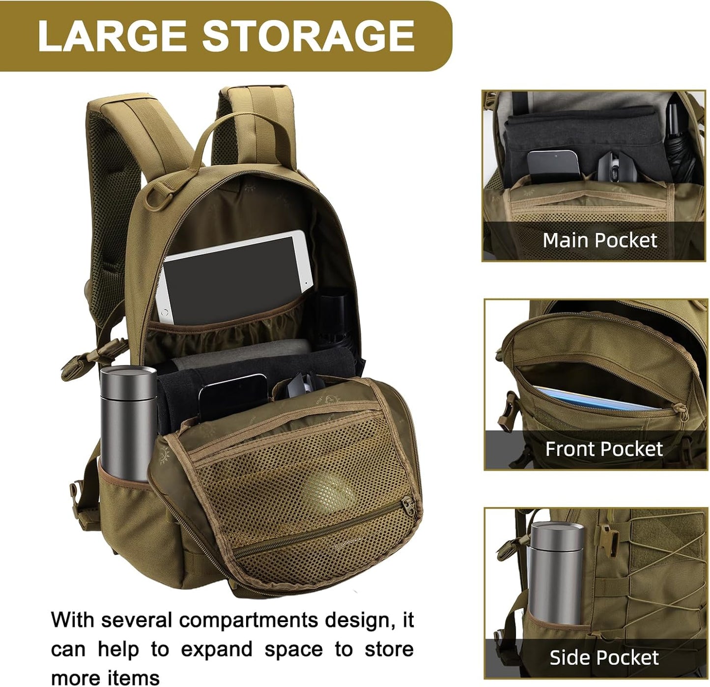 25L Hiking Backpack Small Tactical Backpack Daypack Camping Trekking Hunting Molle Pack for Men Women, Khaki