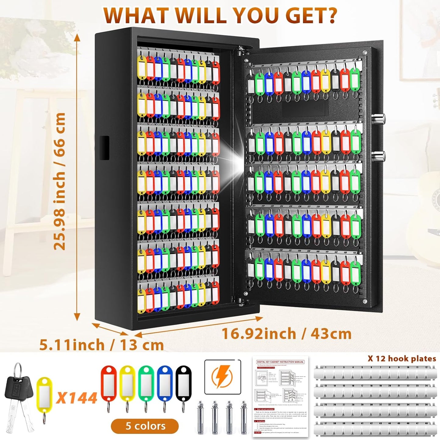 144 Keys Fireproof Cabinet Safe With Adjustable Hook Plates and Tags, Anti-Theft Lock Box Wall Mount With Combination Lock, Organizer for Home Office Garage