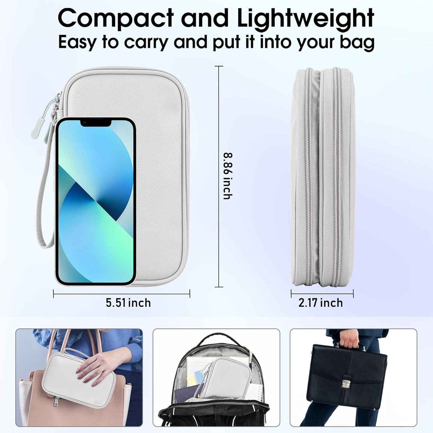 Leather Travel Electronic Organizer - Double Layer, Waterproof Case for Cables, Chargers, Phones & More - Portable, Shockproof Pouch for All Your Electronics Accessories (Grey, M)