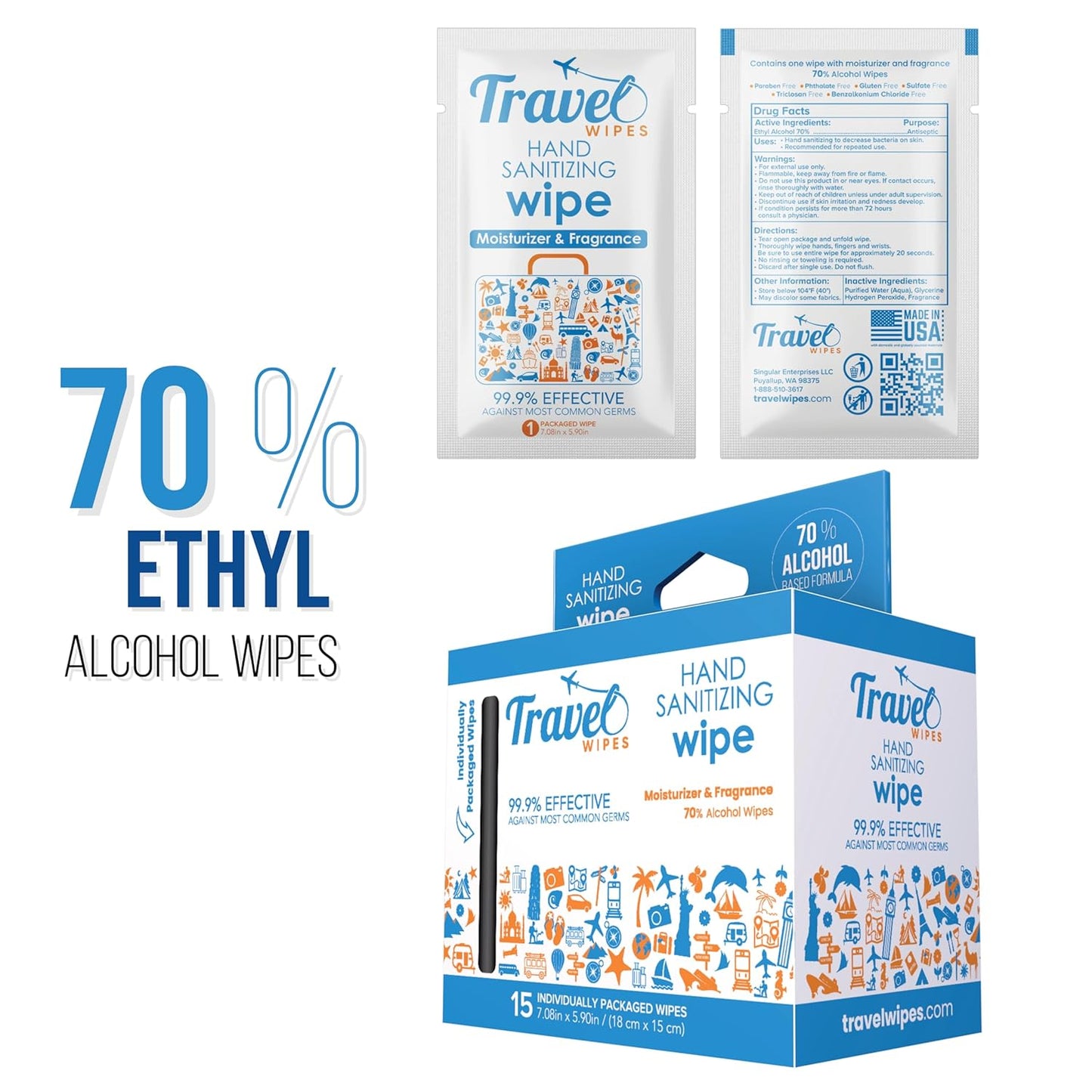 Hand Sanitizing Travel Wipes – 15ct Individually Wrapped | Fresh Citrus Scent, Moisturizing, 70% Alcohol Wipes | Travel, Home, Office, Daily Use | Made in USA