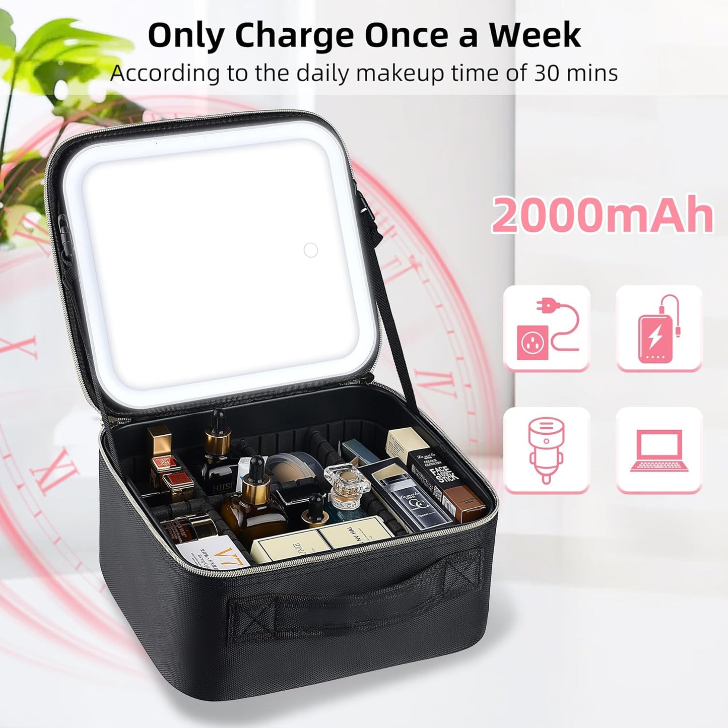 Travel Makeup Bag with LED Mirror – Waterproof Cosmetic Train Case with Adjustable Dividers, Portable Makeup Organizer and Toiletry Bag for Women, Teens & Girls Gift, White