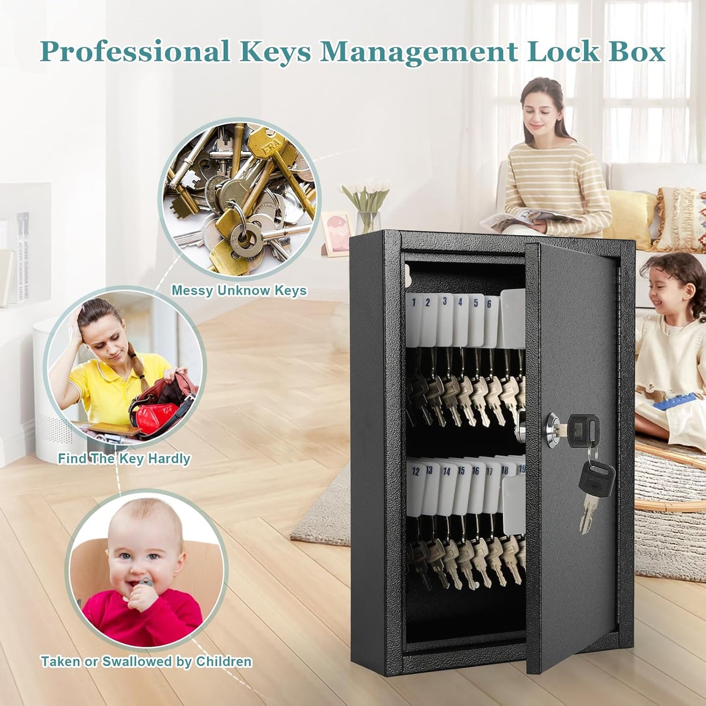 KYODOLED Key Storage Lock Box Wall Mount, Locking 40 Key Cabinet Holder Box with Key Lock, Hooks & Labels, 2.5" D x 8.1" W x 12.1" H