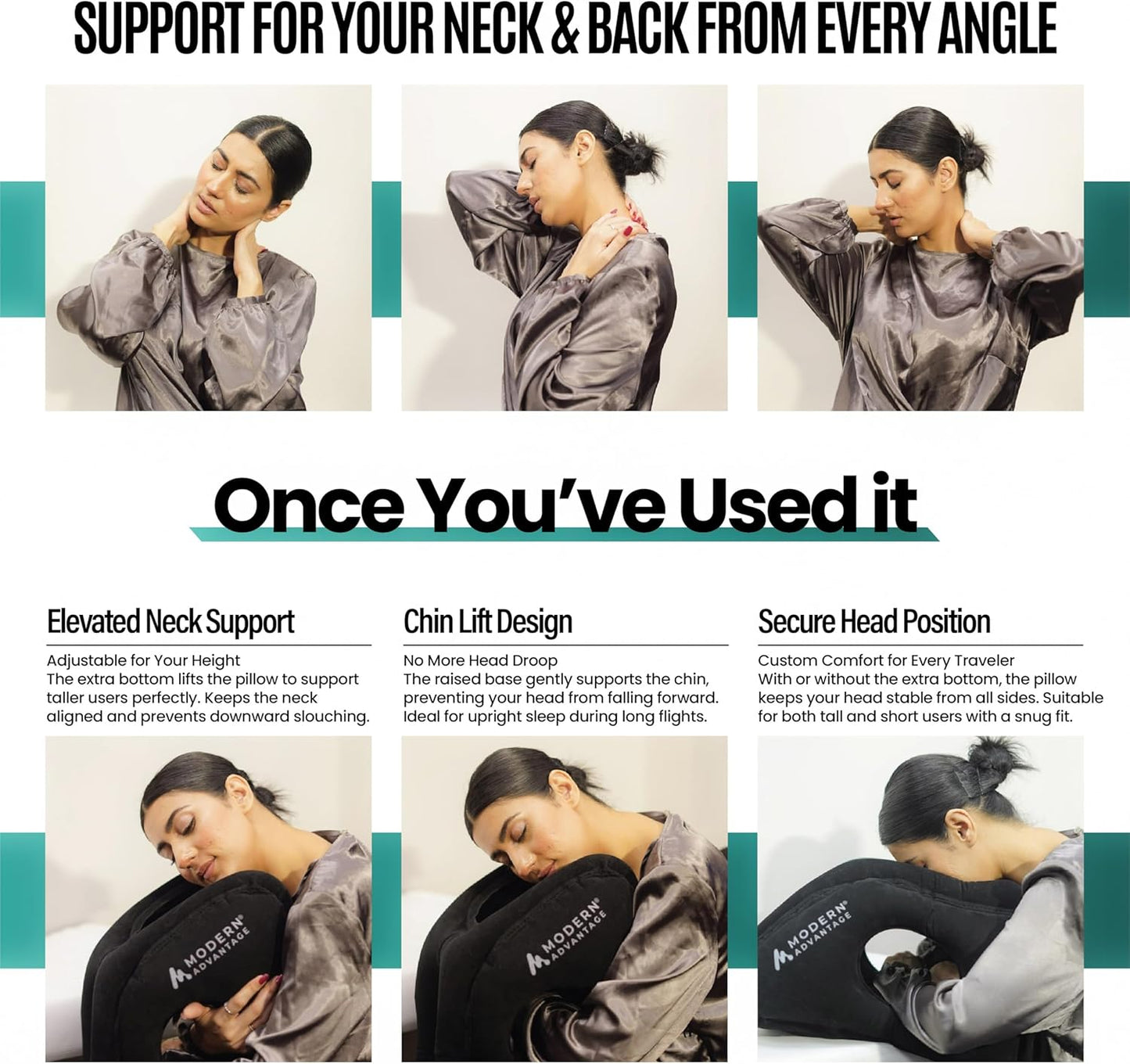 Modern Advantage Inflatable Travel Pillow for Airplanes with Adjustable Extra Bottom, Support Head & Chin to Avoid Neck & Shoulder Pain, for Travelling, Office Napping with Eye Mask & Earplug