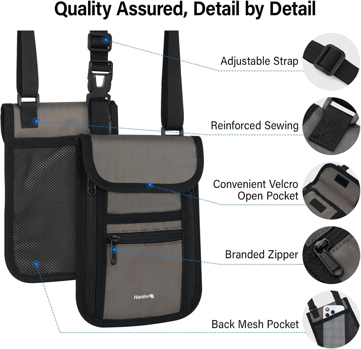 Hanke Passport Holder, Travel Wallet for Womens and Men, Neck Wallet Hidden Passport Pouch for Travel Adjustable Lightweight Thin with 6 compartments (Dark Grey)