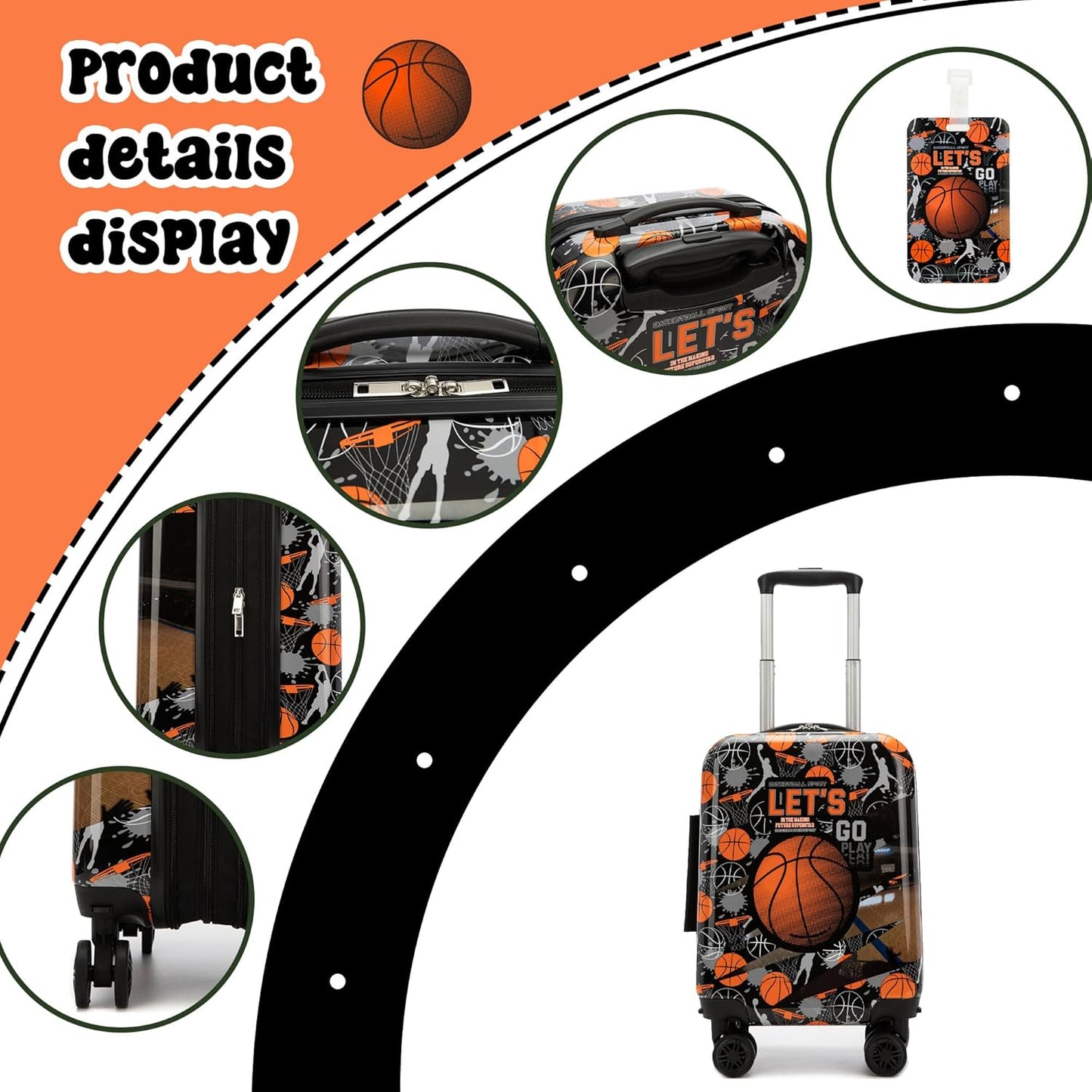 Kid’s Luggage Set 5 Piece Suitcase Set 16’’ Hardside Basketball Luggage with Spinner Wheels Boys Carry on Toddler Travel Rolling Suitcase Carry on Luggage Airline Approved