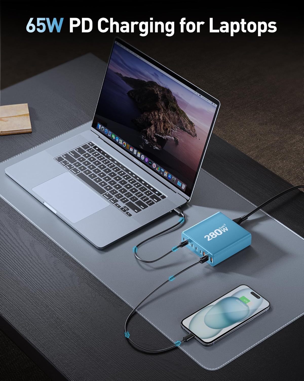 280W USB C Charger Block, 8-Port USB C Charging Station GaN III PD 65W Laptop Charger Adapter Compatible with MacBookPro/Air,DELL,iPad,Portable Charging Station for iPhone,Samsung Galaxy(Blue)