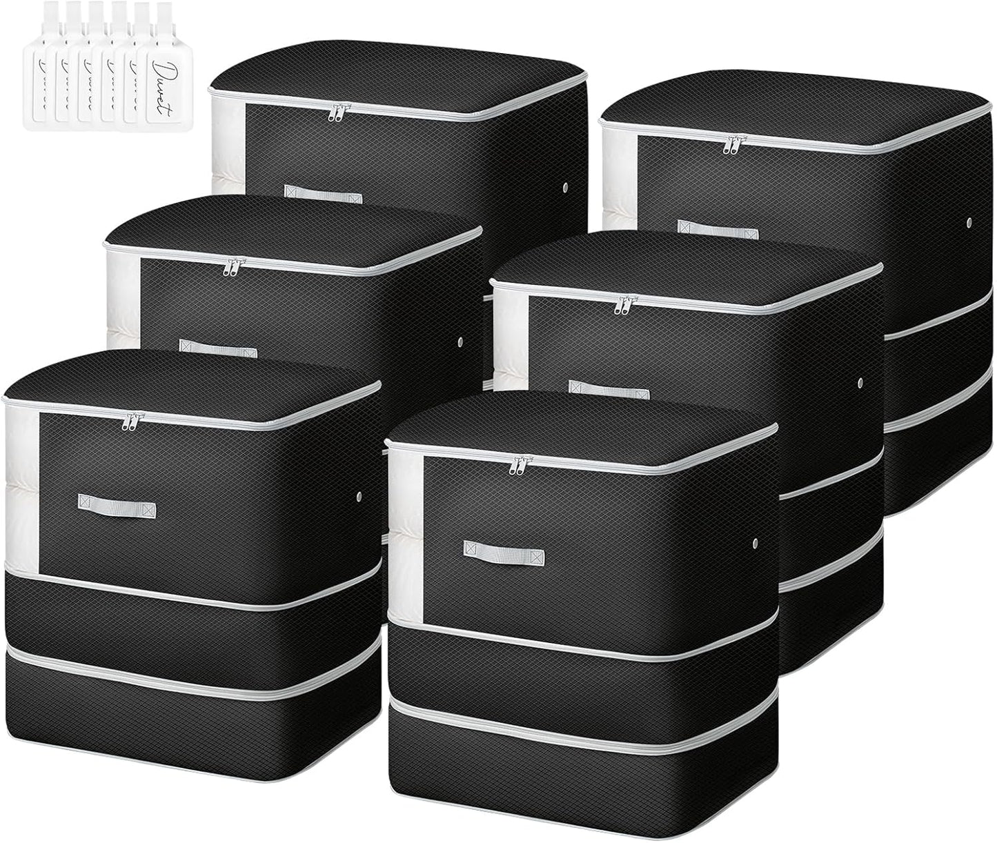 Comforter Storage Bag - 130L Large Capacity Blanket Storage Bags 3-Layer Ultra Space Saving Self Compression Organizer, Washable Compression Bags for Storage Comforter Blanket, 6-Pack, Black