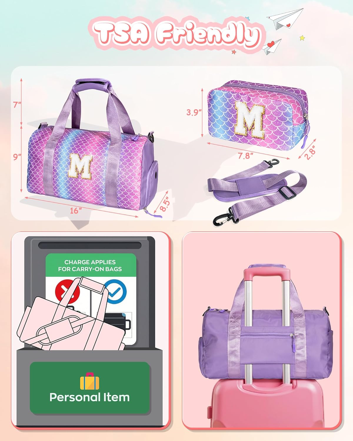 Girls Cheer Up Gifts-Girl Gym Bag with Shoe Compartment, Kid Personalized Weekender Overnight Bags, Initial Travel Tote with Makeup Pouch, Graduation Gift for Niece Kids Daughter (Letter K)