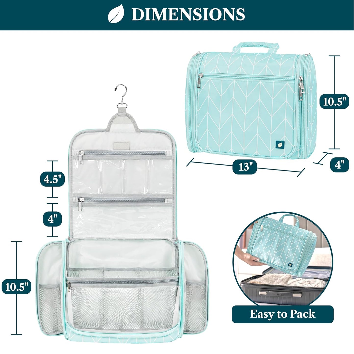 PAVILIA Large Hanging Toiletry Bag Travel Bag Women Men, Cosmetic Organizer, Water Resistant Makeup Bag Accessories Toiletries, Travel Essentials Kit, Teal Chevron