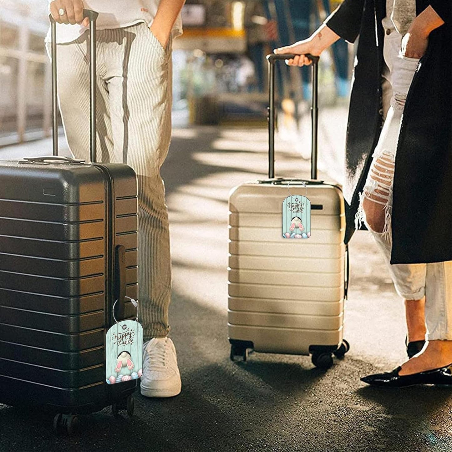 2 PCS Leather Luggage Tags for Suitcase Bunny Bottom and Easter Eggs Travel Luggage Tag with Privacy Flap Name ID Label and Metal Loop for Travel Bag Suitcase