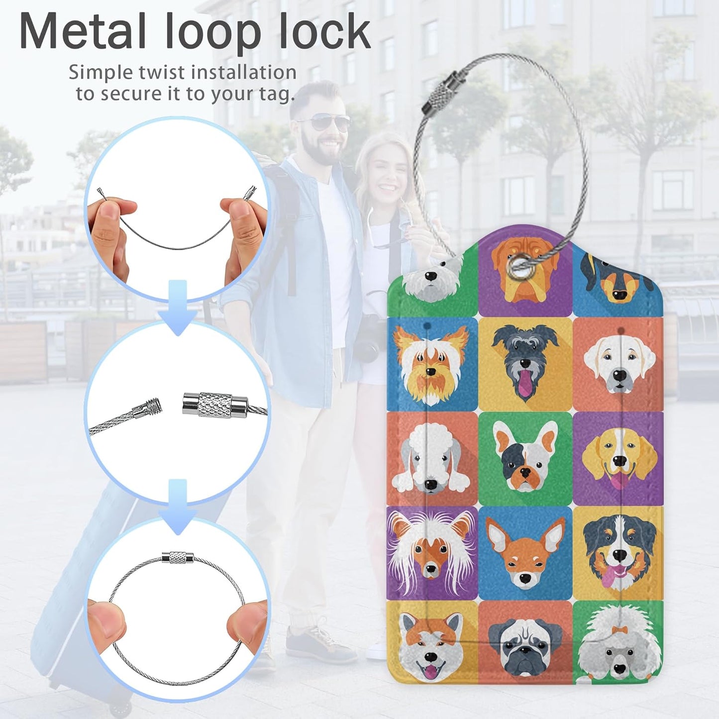 Cartoon Dog Icons Luggage Tags for Suitcase,Cute Dog Breeds Luggage Tags of Set 2 Leather Identifiers Privacy Cover with Stainless Steel Loop for Women Men Travel Bag Suitcase