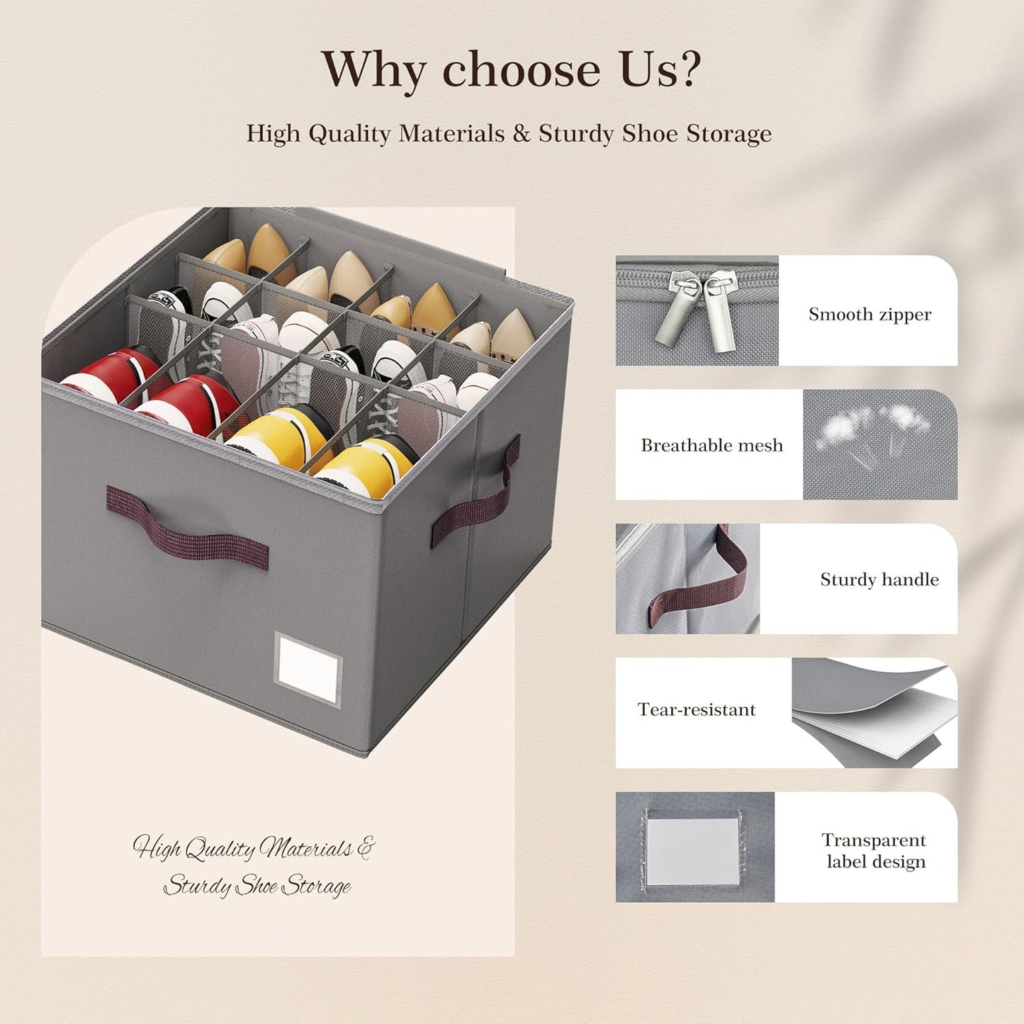 Criusia Shoe Organizer for Closet, 4 Pack Shoe Organizer with Transparent Cover and Sturdy Handles, Closet Shoe Storage for Sneakers Sandals Slippers, Fit 12-16 Pairs, Gray