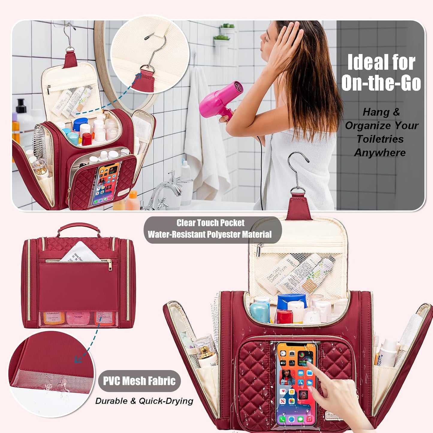 Travel Toiletry Bag for Women, Hanging Toiletry Bag, Bathroom Bag Portable Shower Caddy for College Dorm Travel Shower Bag for Women Water-Resistant Cosmetic Makeup Bag (Red)