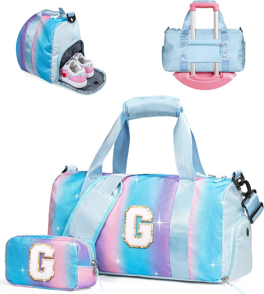 Gifts for 4 5 6 7 8 9 10 Year Old Girls-Girl Gym Bag with Shoe Compartment, Kid Personalized Weekender Overnight Bags, Initial Travel Tote with Makeup Pouch, Gift for Daughter (Letter G)