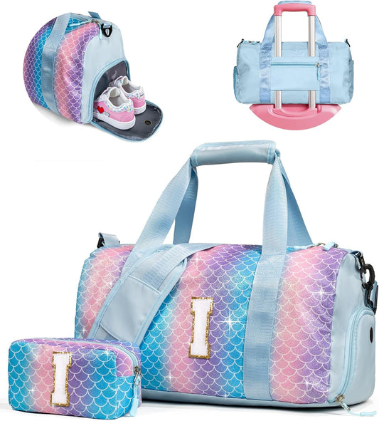 Sister Graduation Gift-Girl Gym Bag with Shoe Compartment, Kid Personalized Weekender Overnight Bags, Initial Travel Tote with Makeup Pouch Valentine's Day Gifts for Kids (Letter I)