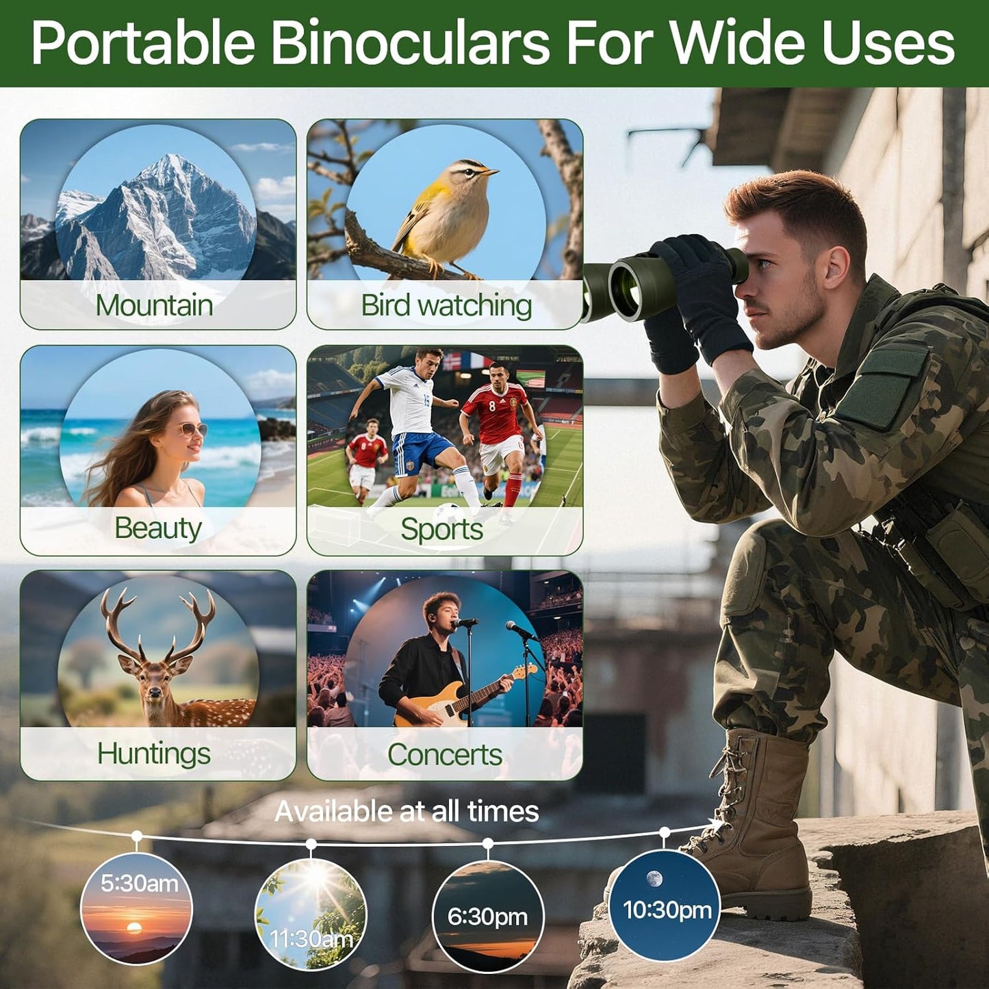 20x50 Hunting Binoculars for Adults High Powered with Low Light Night Vision - 28mm Large Eyepiece Professional Binoculars for Bird Watching Hiking Travel with BAK4 Prism FMC Lens, Green