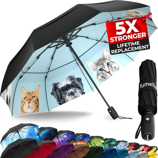 TUMELLA Strongest Windproof Travel Umbrella (Compact, Superior & Beautiful), Small Strong but Light Portable and Automatic Folding Rain Umbrella, Durable Premium Grip, Fits Car & Backpack