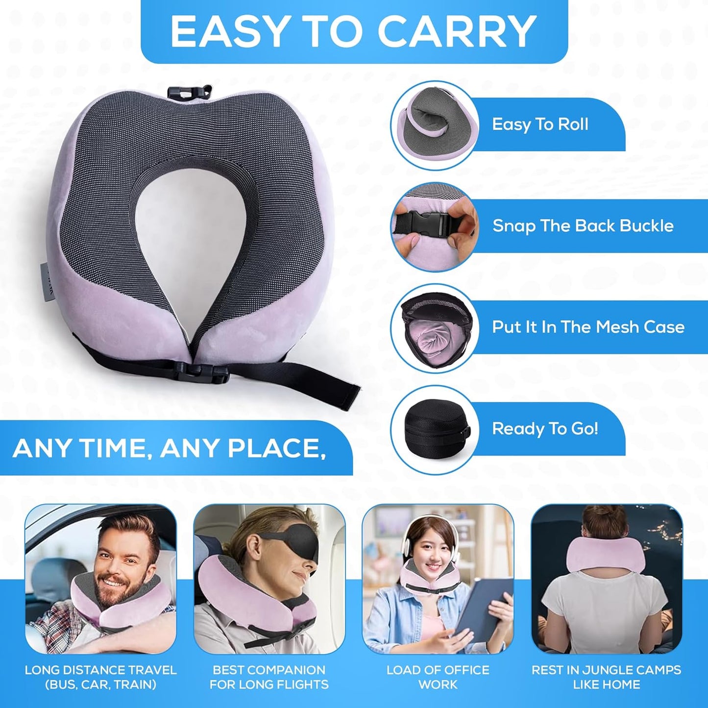 Pure Memory Foam Travel Pillows for Airplanes – Ergonomic Design with Adjustable Fit, Machine Washable, 3D Eye Mask & Compact Plane Pillow for Traveling – Grey & Pink