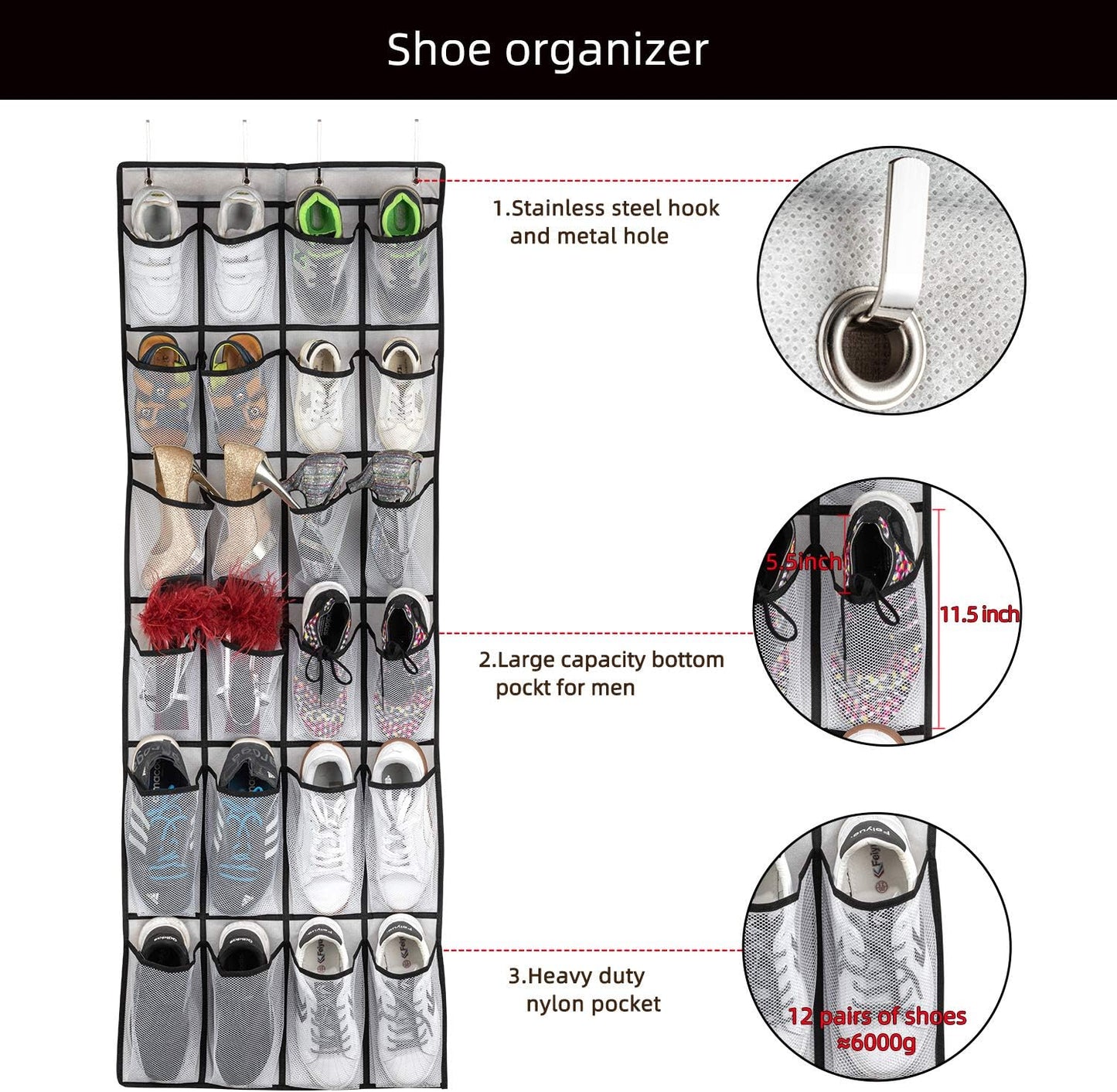 Hanging Shoe Organizer, Over The Door Shoe Organizer with 24 Mesh Large Pockets Door Shoe Rack for Men Women Kids Hanging Door Shoe Holder Size:58x21 Inch (White-2pack)