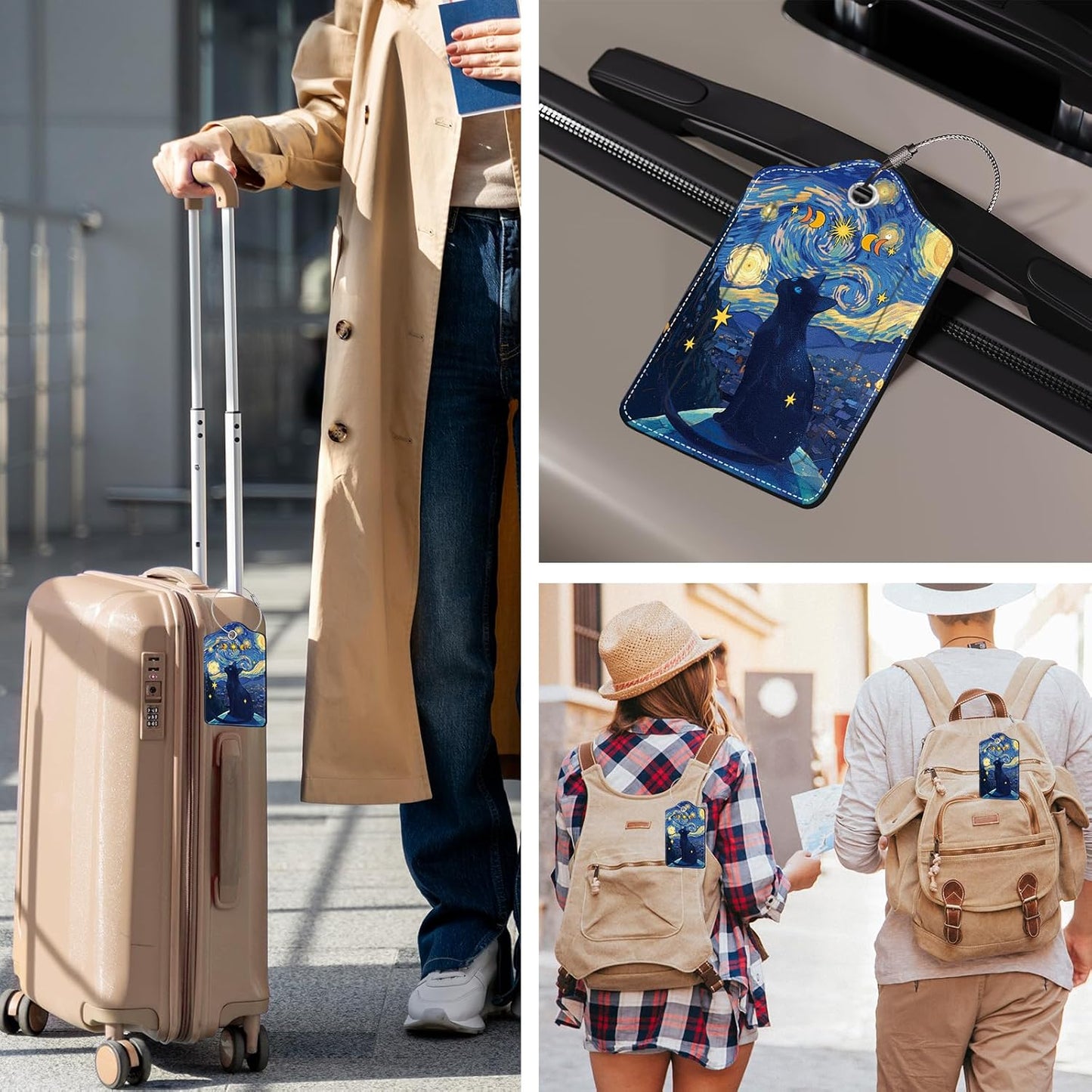 2 Pcs Colorful Luggage Tags for Suitcase, Cat Leather Luggage Tags Cute, Privacy Cover ID Label with Stainless Steel Loop & Address Card, Funny Cat Travel Bag Tag Luggage Accessories for Suitcases