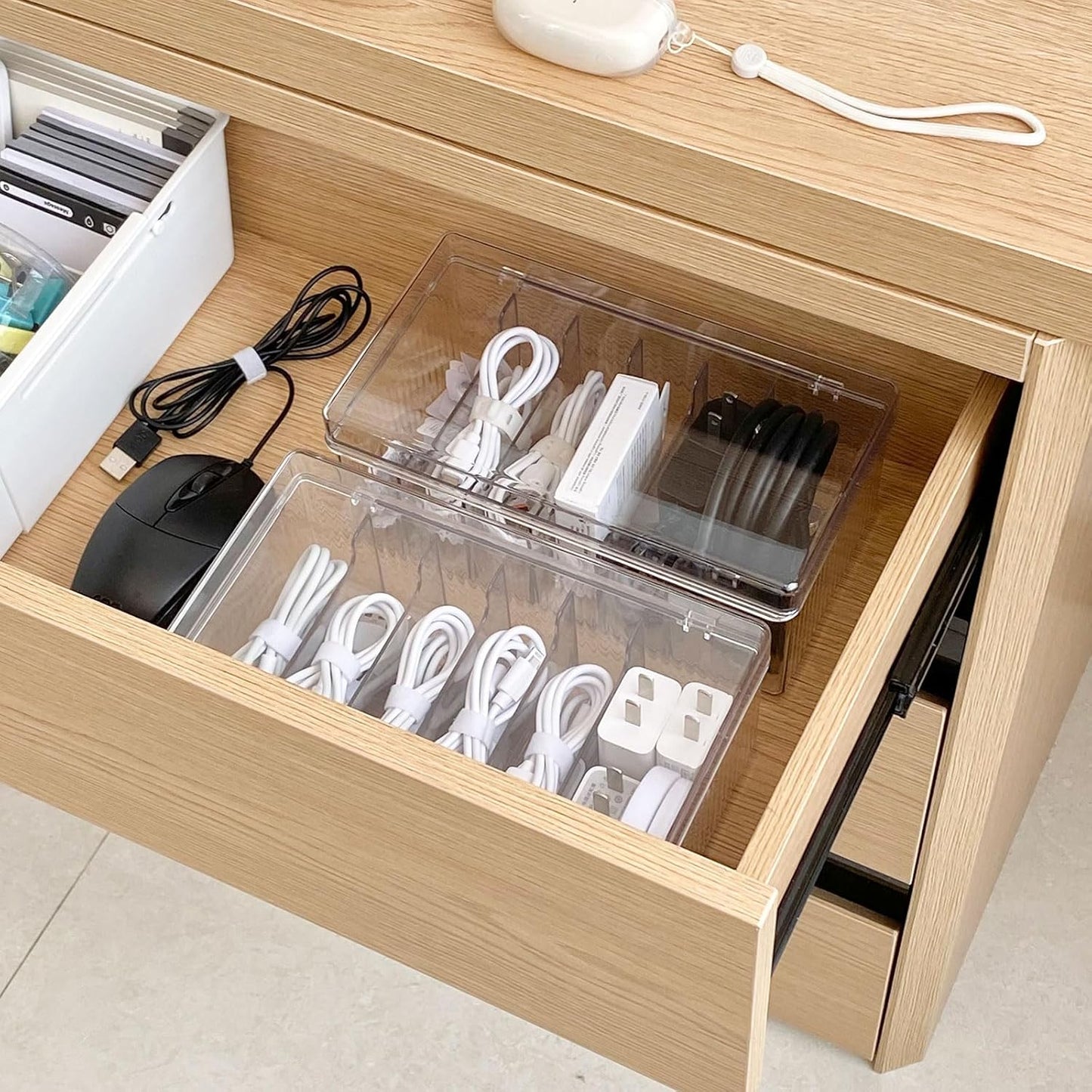 Yesesion Large Cord Organizer Box with Lid and 6 Compartments, 2 Pack Plastic Cable Storage Boxes with Wire Ties, Clear Desk Drawer Organizer for Phone Charger, Battery, Home Office Supplies