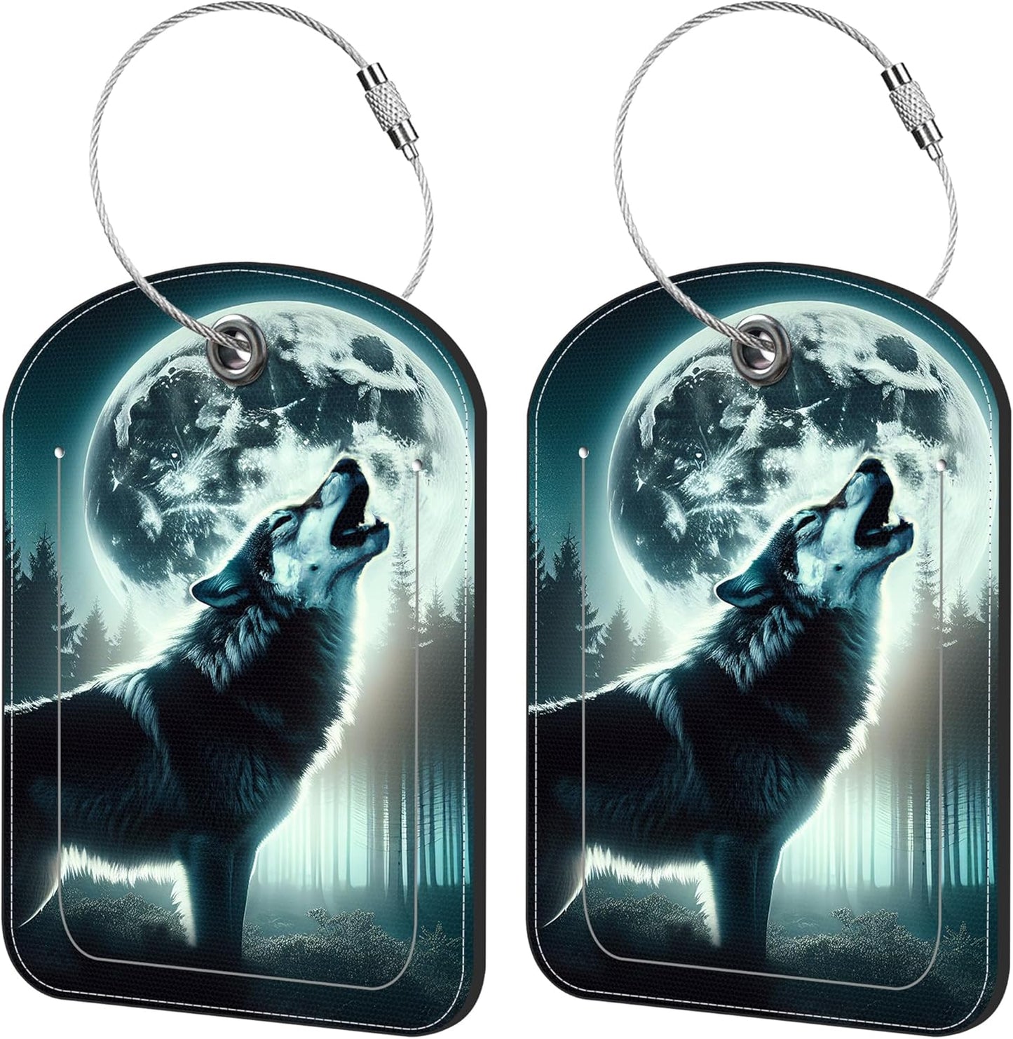 2 Pack Cute Luggage Tag for Suitcases Howling Wolf Leather Luggage Tags with Stainless Steel Loop Privacy Flap Name Tags,Men and Women Travel Bag Suitcase Tags