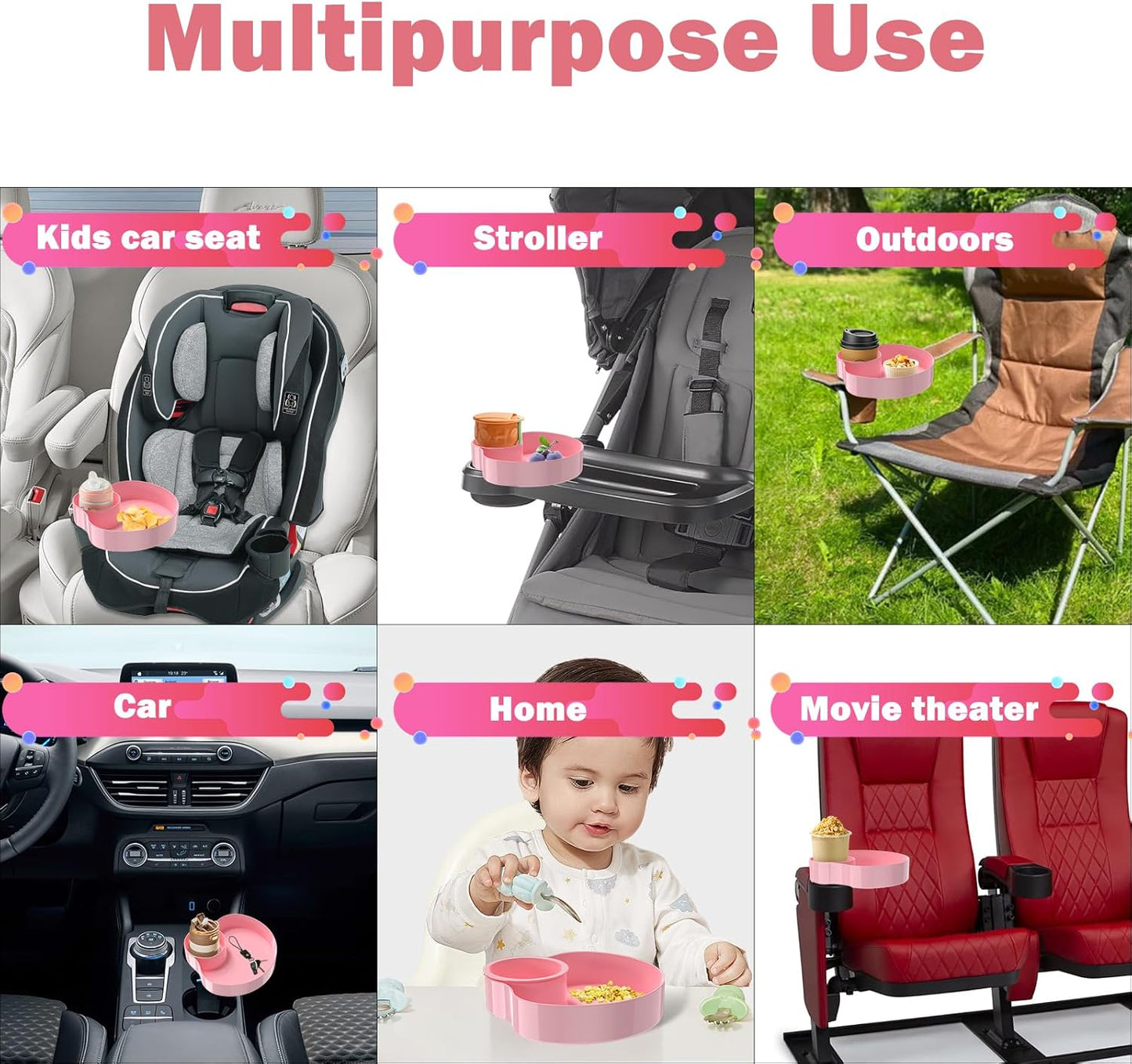 [2 Packs] Kids Car Seat Tray, Travel Tray with Cup Holder for Toddler Baby, Kids Car Seat Food Snack Organizer for Road Trip, Stroller snack Organizer Travel Must Haves (Pink, 2 PCS)