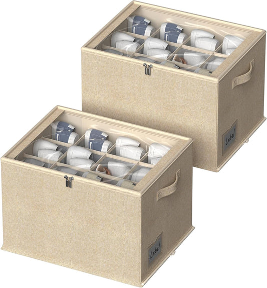 2 Pack Shoe Organizer for Closet - Shoe Storage Bins with Clear Cover, Fabric Shoe Storage Containers with Reinforced Handles, Fits up to 24 Pairs (Beige, 16.5 * 12.6 * 12.2in)
