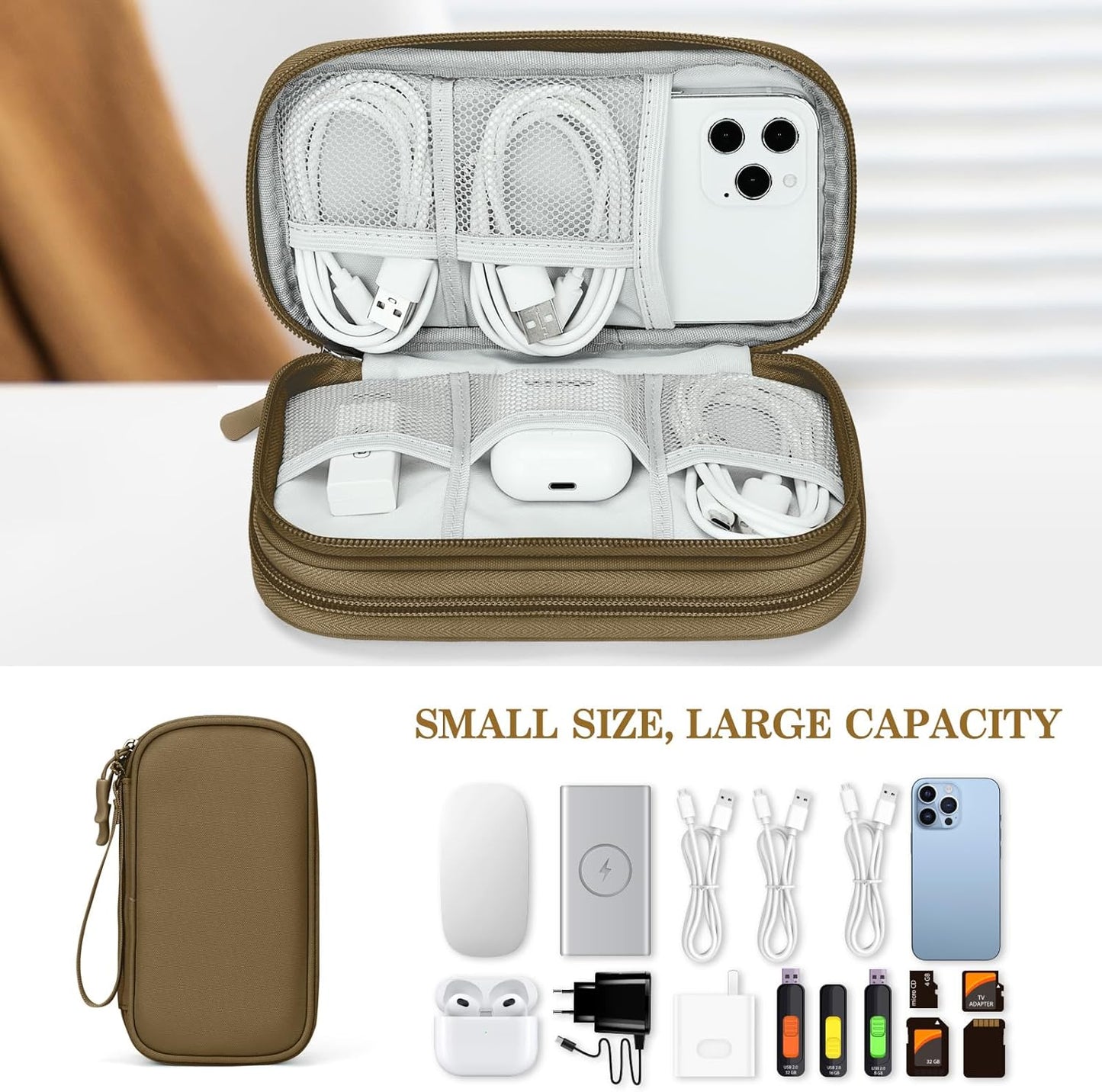 FYY Electronic Organizer, Travel Cable Organizer Bag Pouch Electronic Accessories Carry Case Portable Waterproof Double Layers All-in-One Storage Bag for Cable, Cord, Charger, Phone, Earphone Brown