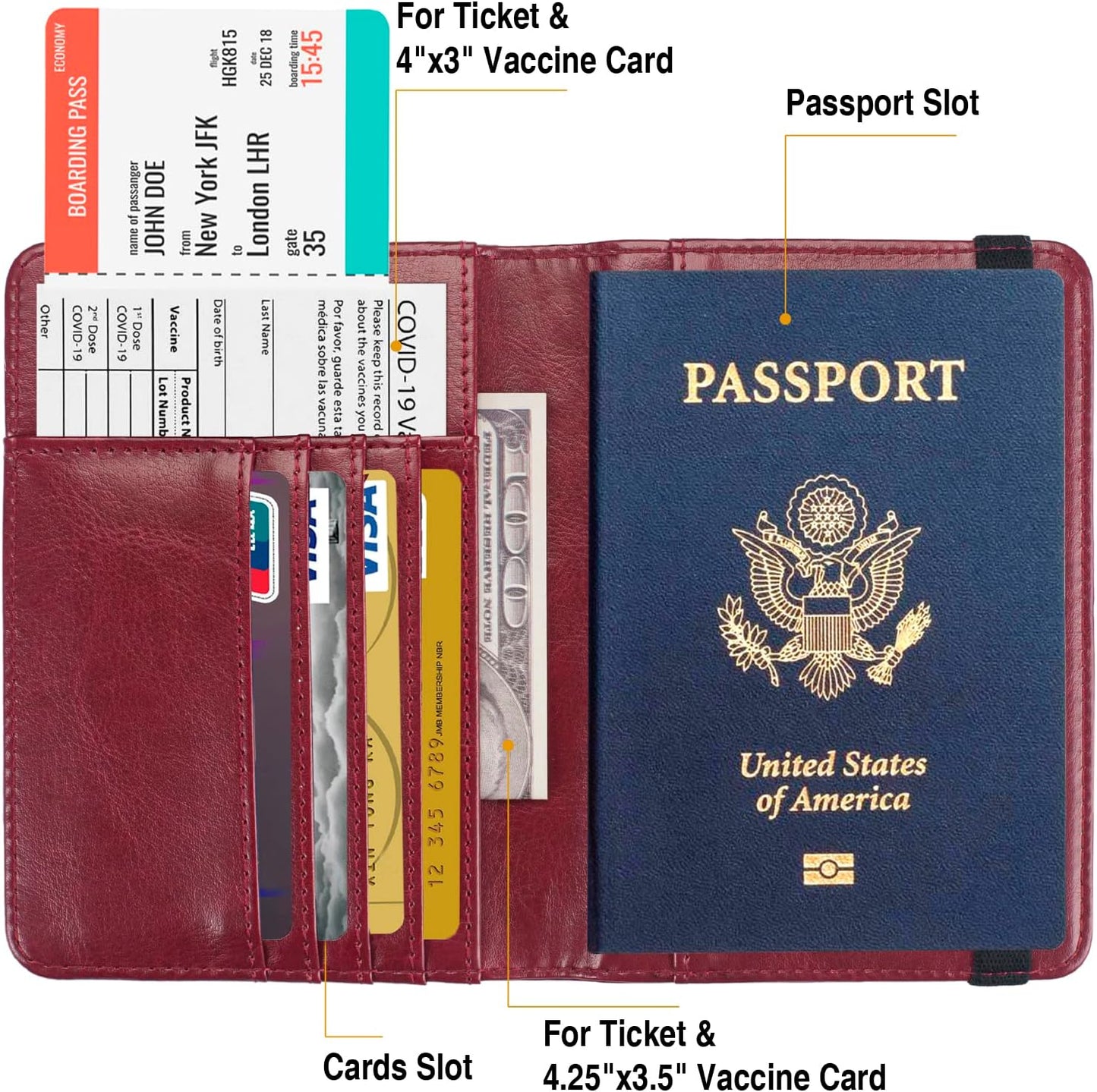 Passport Holder for Travel Passport Cover for Men Passport Wallet Case With 3D Metal Badge Protector Leather Card Case RFID Blocking Women Travel Accessories Document Organizer (Wine Red)