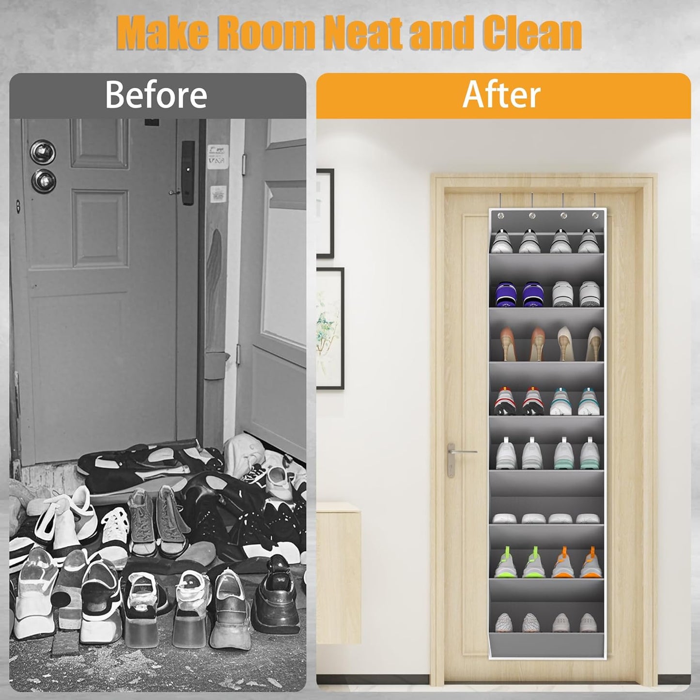 Over The Door Shoe Organizer Storage Fit 16-24 Pairs Hanging Shoe Rack Organiser for Closet Door, Deep Pocket Shoe Holder for Sneakers,Boots Storage(2 Pack Gray)