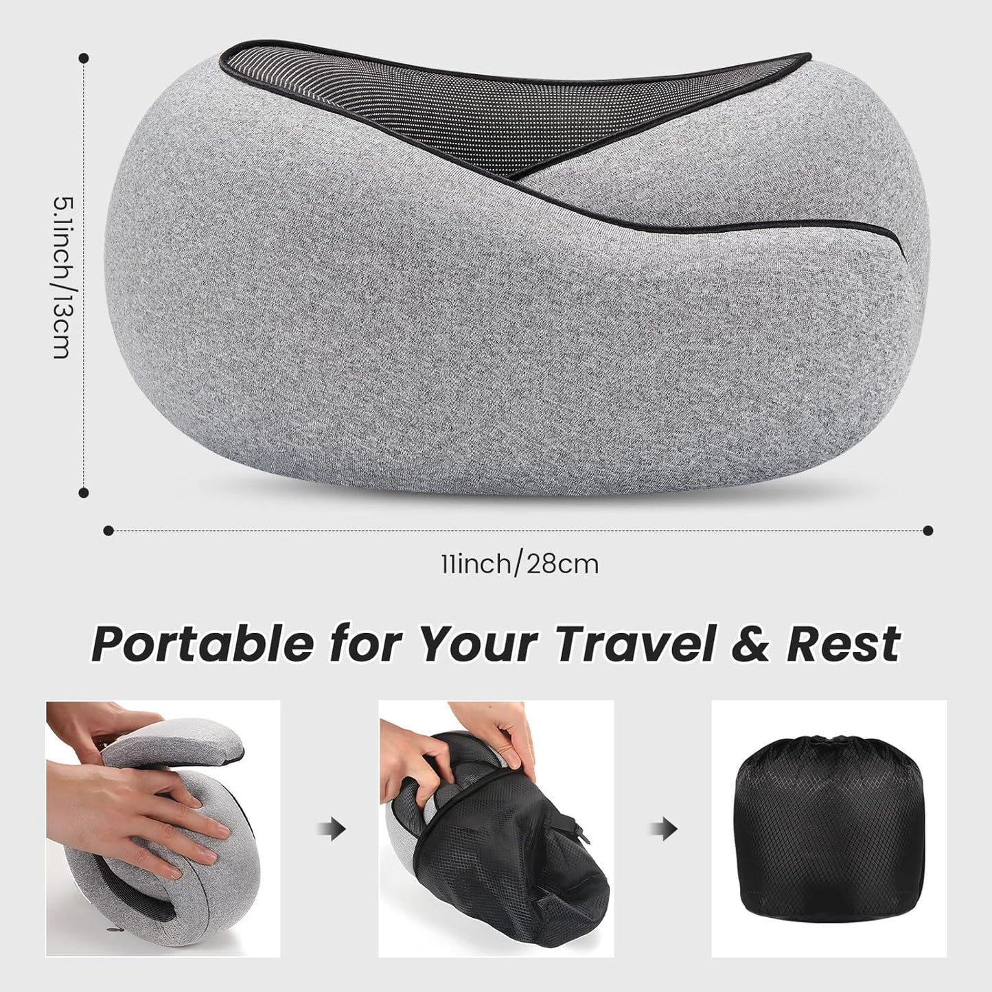 Travel Neck Pillows, 100% Memory Foam Filling, Travel Pillows for Airplanes, Compact and Ergonomic Design, Best for Sleeping Plane Train Travel Essentials (Light Grey)