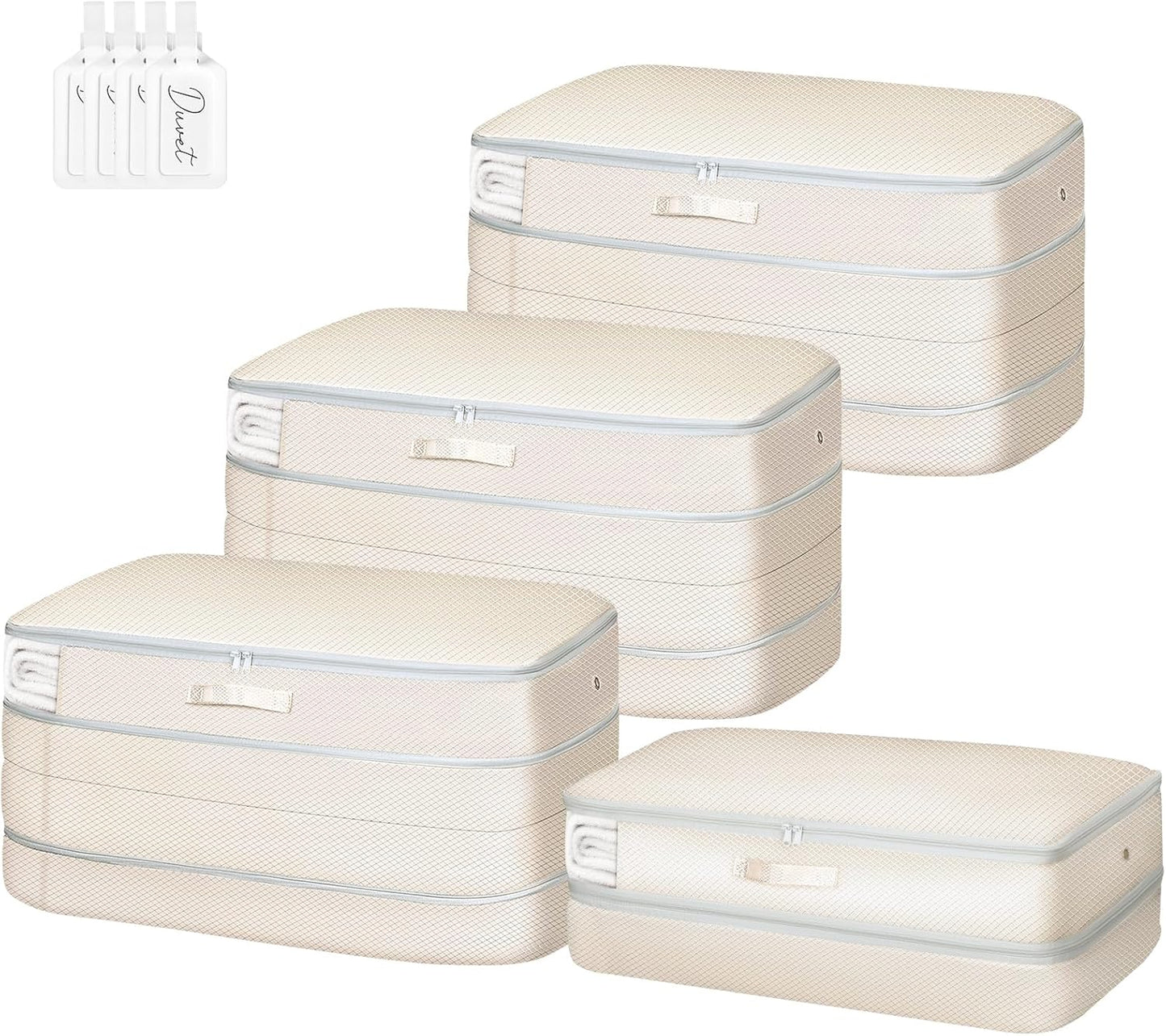 Comforter Storage Bag - Large Capacity Bedding Storage Bags Ultra Space Saving Self Compression Organizer, Washable Compression Bags for Storage Comforter Blanket Duvet Pillow, 4-Pack, Beige