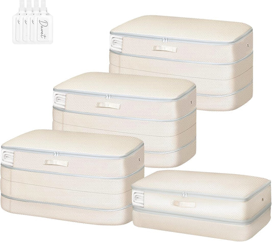 Comforter Storage Bag - Large Capacity Bedding Storage Bags Ultra Space Saving Self Compression Organizer, Washable Compression Bags for Storage Comforter Blanket Duvet Pillow, 4-Pack, Beige