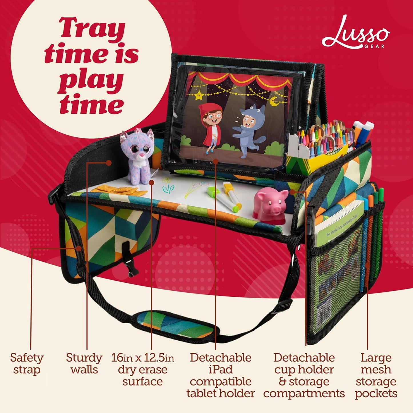 Lusso Gear Kids Travel Tray for Toddlers & Kids - Car Seat Lap Tray for Airplane & Road Trip Activities (Geometric)