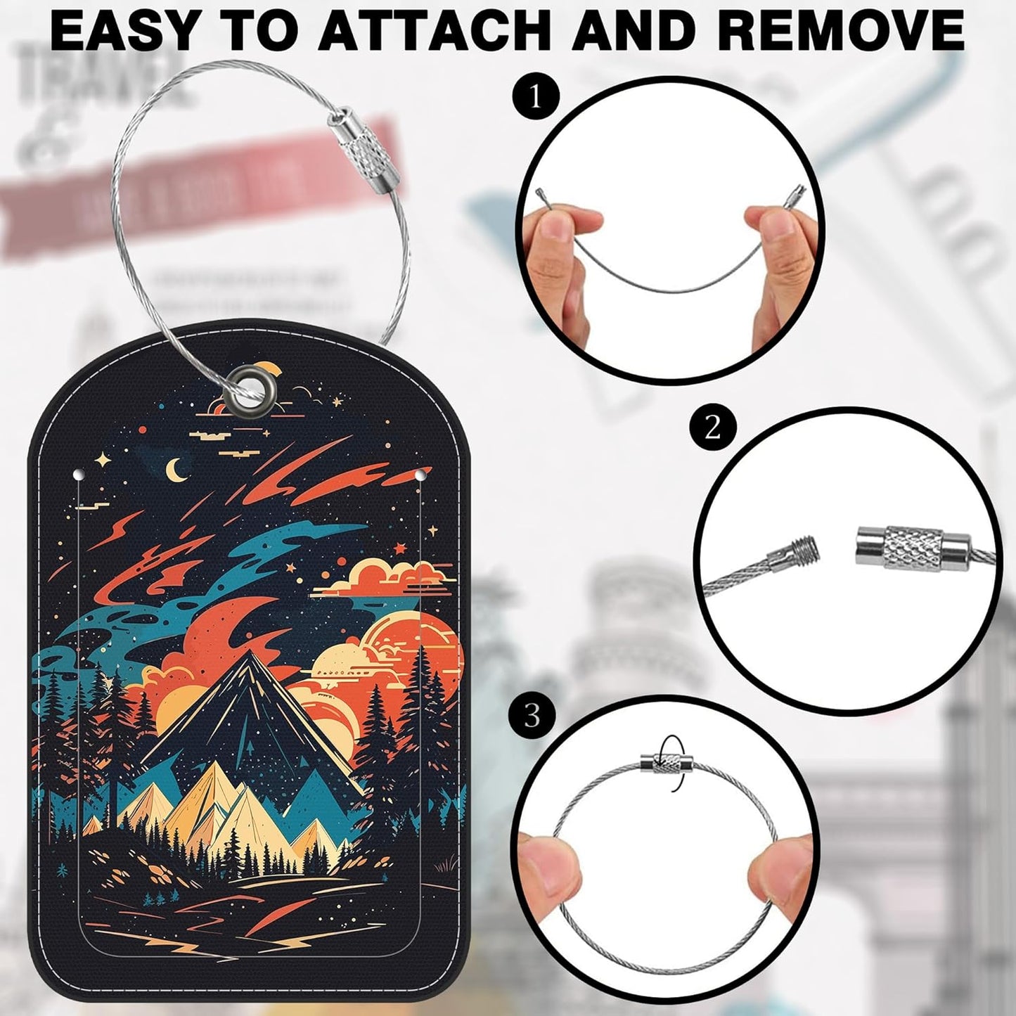 2 PCS Leather Luggage Tags for Suitcase Colorful Bright Mountain Travel Luggage Tag with Privacy Flap Name ID Label and Metal Loop for Travel Bag Suitcase