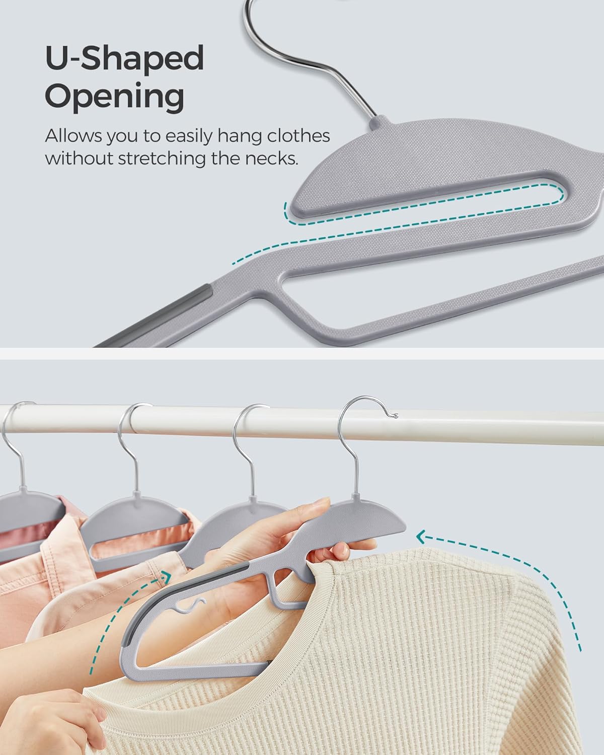 SONGMICS 50 Pack Coat Hangers, Heavy-Duty Plastic Suit Hangers, S-Shaped Opening, Space-Saving, 360º Swivel Hook, 16.3 Inches Wide, Light Gray and Dark Gray UCRP41G-50