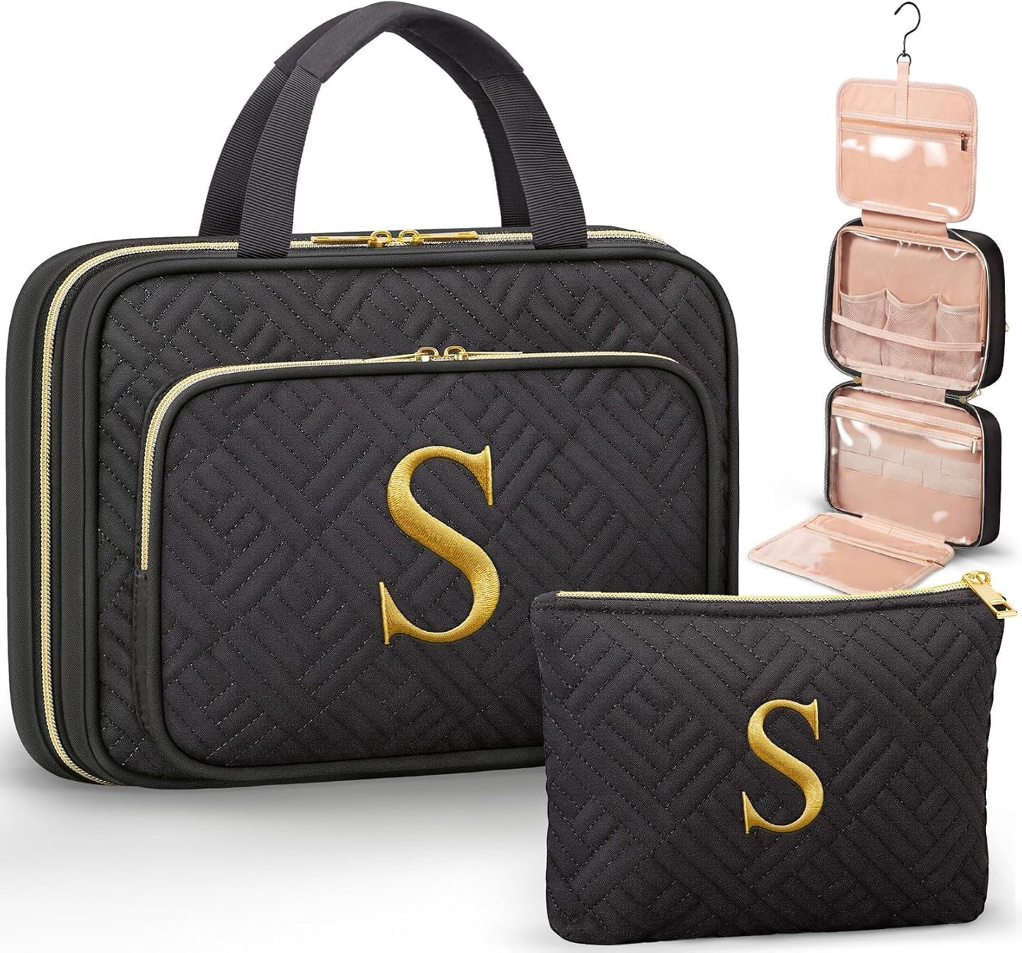 Personalized Gifts for Women, Initial Toiletry Bag Hanging Travel Organizer & Makeup Cosmetic Bag with Embroidery Letter Teacher Appreciation Gift Birthday Mothers Day Gifts for Mom Wife Friend Sister